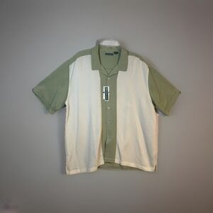 Cubavera Camp Shirt XL Two-Tone Green Cream Short Sleeves Beachy Resort Vacation